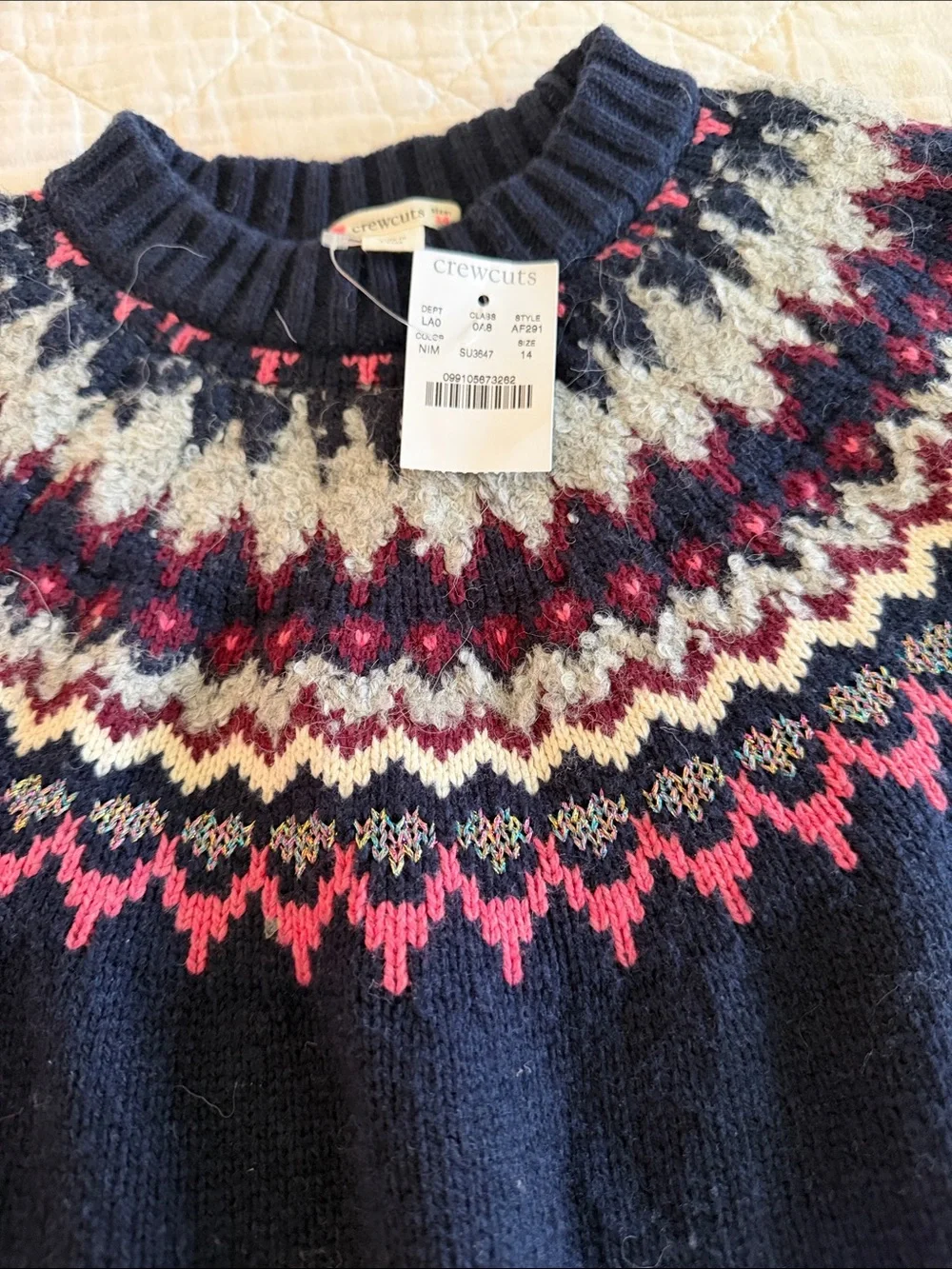Girls size 14 Crewcuts Fair Isle Navy Blue Crewneck Sweater NWT